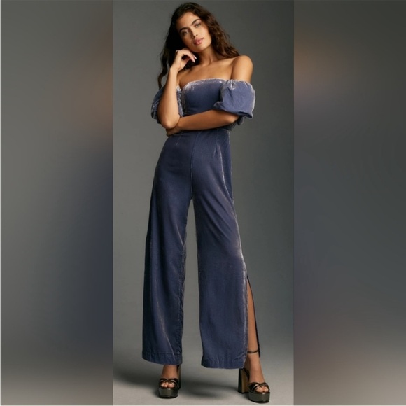 Anthropologie Pants - Anthropologie The Femme Velvet Jumpsuit Blue Off Shoulder Puff Sleeve Sz 6 NEW